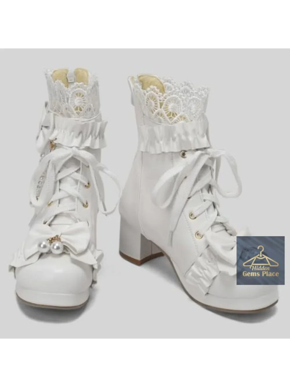 Chunky Mid Heel Lace Up Ankle Boots with Bow Platform